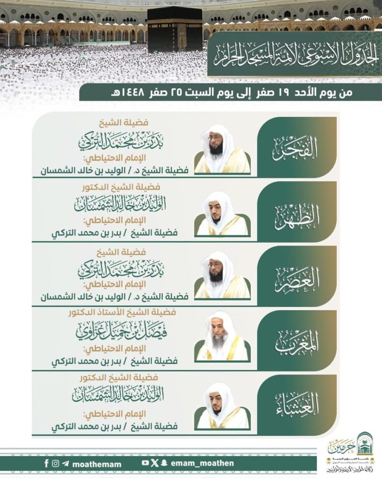 Updated Weekly schedule for the Imams at Masjid ul Haram Makkah from 2 to 9 August 2026 (19-25 Safar 1448 AH)